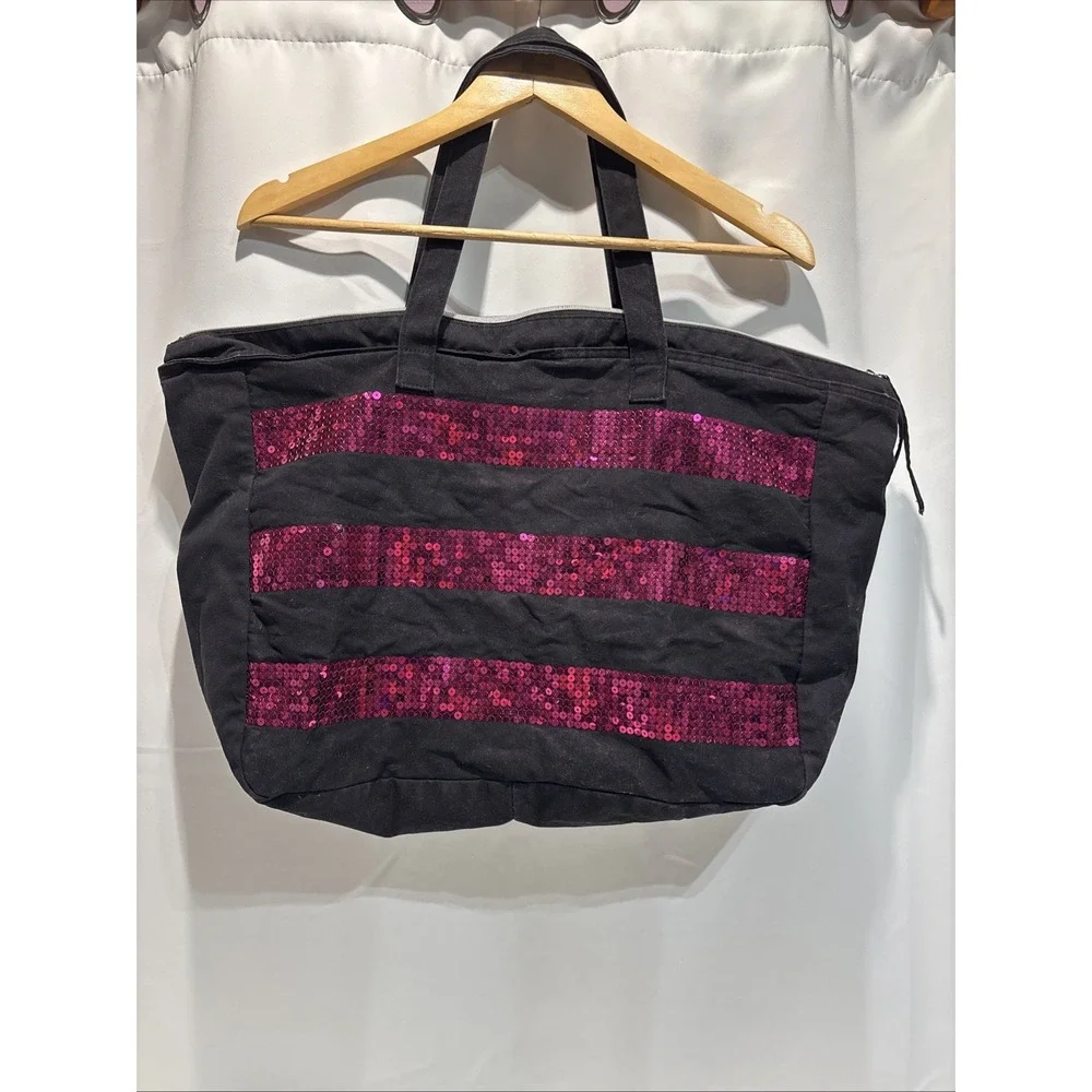 Victoria's Secret Black With Pink Sequin XL Tote Stripe Limited Edition Top Zip